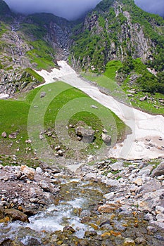 Clouded Glacier with a stream. Kinnaur district of Himachal Pradesh