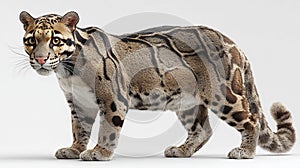 Clouded leopard standing on a white background, side view
