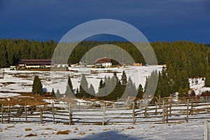 Cloudes and trees, winter landscape in Å umava in HorskÃ¡ Kvilda, Czech republic