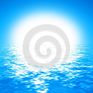 Cloudless blue sky background with bright sun and crystal clear water