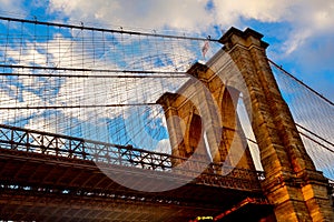 Clouds above Brooklyn Bridge, wide angle view - New York