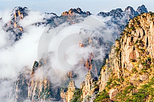 Clouds above the colorful peaks of Huangshan National park.