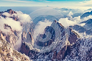 Clouds above the mountain peaks of Huangshan National park