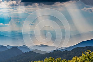 Clouds Above Sun Rays Shining on the Blue Ridge Mountains