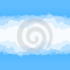Clouds and blue sky background. Vector flat air white cloud cartoon on sky horizon