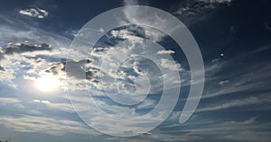 Clouds on blue sky background. Weather nature blue sky with white cloud and sun.