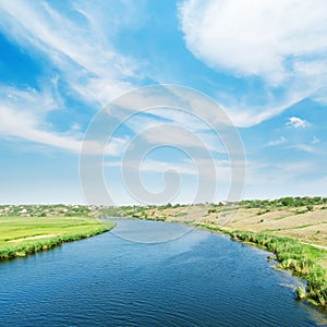 Clouds in blue sky over river with greensides