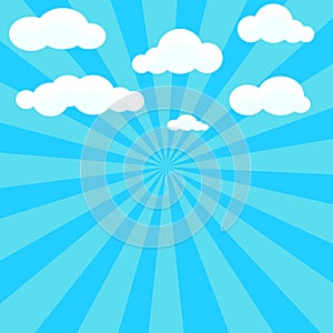 Clouds and blue sky with sunburst on background
