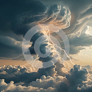 Clouds clashing, lightning striking. A breathtaking display of the elements, Generated AI photo