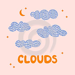 Clouds, crescent moon, and stars set of illustration, hand drawn vector elements with stitch, knitted effect