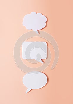 Clouds of dialogue. Form for letter or text. Thought concept. Chat icons on a light background. 3D visualization. 3D image.