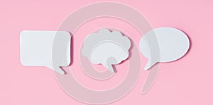 Clouds of dialogue. Form for letter or text. Thought concept. Chat icons on a pink background. 3D visualization. 3D image