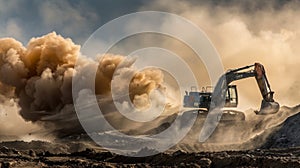 Clouds of dust billow up into the air as the excavator digs deeper revealing the layers of soil beneath photo