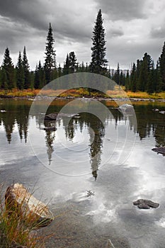 Clouds and firs reflections. photo