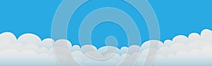 Clouds flat design. White cartoon clouds on blue sky background. Good weather template for poster, banner or