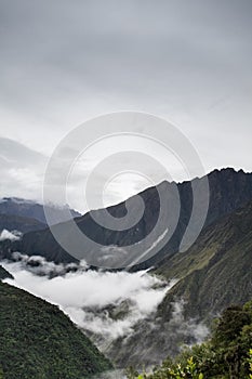 Clouds and fog on the Inca Trail to Machu Picchu. A awesome hiking trail with hight mountain pass and mountain ranges. Green Fore