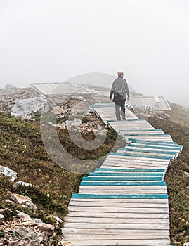 Clouds and fog over Gulf St. Lawrence from boardwalk Skyline Trail in Cape Breton Highlands National Park, Nova Scotia