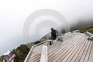 Clouds and fog over Gulf St. Lawrence from boardwalk Skyline Trail in Cape Breton Highlands National Park, Nova Scotia