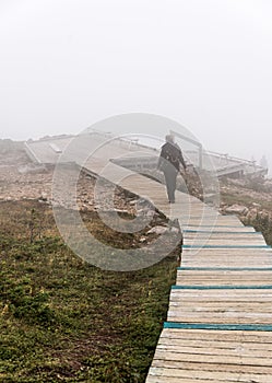 Clouds and fog over Gulf St. Lawrence from boardwalk Skyline Trail in Cape Breton Highlands National Park, Nova Scotia