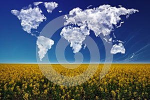 Clouds in the form of a world map over a rapeseed field. Travel and landscape concept