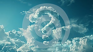 Clouds forming a question mark in a blue sky.
