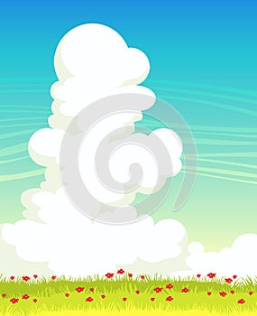 Clouds, grass, flowers and blue sky. Spring landscape.