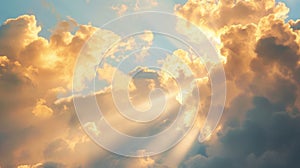 Clouds hang low in the sky with beams of golden crepuscular rays shining through the breaks creating a heavenly and