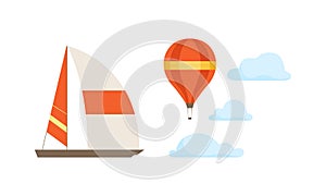 Clouds, Hot Air Balloon and Yacht as Landscape Constructor Element Vector Set