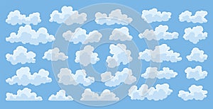 Clouds icon collection. Abstract white cloudscape icon symbols. Various shapes in flat style. Vector cloudy design