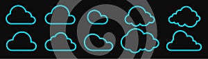 Clouds icon set isolated on a black background. Logo and sign. Cloud technologies. Bright neon blue color. Simple modern design.