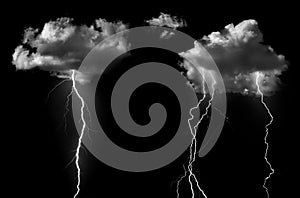 Clouds with lightning isolated on black background. Concept on topic weather, cataclysms hurricane, Typhoon, tornado, storm