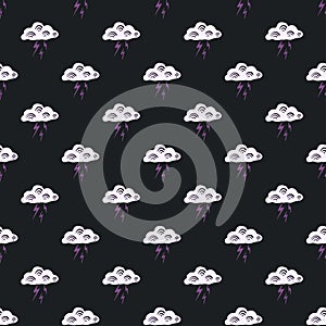 Clouds with lightning of seamless pattern. Cute hand drawn background