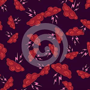 Clouds with lightning of seamless pattern. Cute hand drawn background