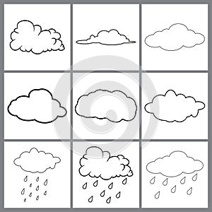 Clouds line art set. Cloud icon, cloud shape. Set of different clouds. Collection of outline cloud Vector design isolated on white