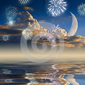 Clouds, moon & fireworks