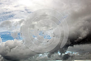 The clouds are multicolored, thunderous bizarre shapes against the blue sky and the sun above the ocean surface.