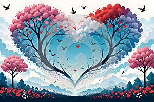 Clouds with multiple heart-shaped, floral trees and cloudy environment, birds flying, love athmosphere, background