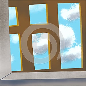 Clouds outside the window in the blue sky