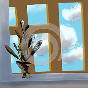 Clouds outside the window in the blue sky