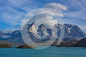 Clouds over Cuernos del Paine in national park Torres del Paine in Chile photo