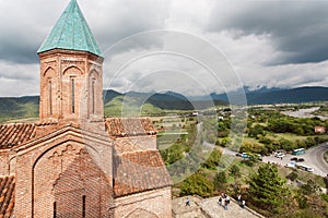 Clouds over Georgian orthodox Church of the Archangels. Gremi town in Georgia.