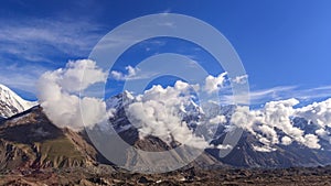 Clouds over glacier Inylchek. Kirgystan, central