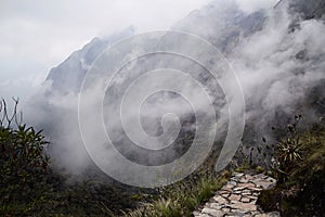 Clouds over the Inca trail and Andes mountain in Peru