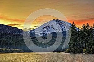 Clouds over Manzanita Lake and Lassen Peak at sunrise, Lassen Volcanic National Park photo