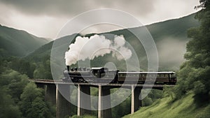 clouds over the mountains A vintage steam train crossing a stone bridge over a valley. The train is puffing white smoke