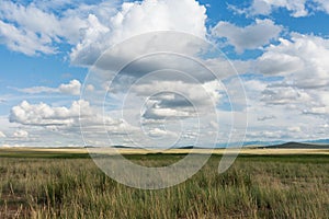 Clouds over steppe grass. Tyva. Steppe. Sunny summer day