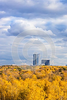 Clouds over yellow forest and high-rise buildings