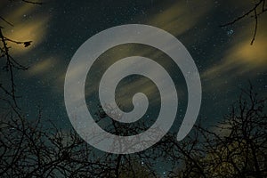 Clouds passing in the moon light by over a forest and on a night sky full of stars