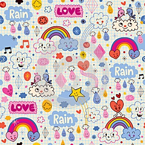 Clouds rainbows birds rain love hearts pattern