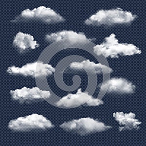 Clouds realistic. Nature sky weather symbols rain or snow cloud vector collection